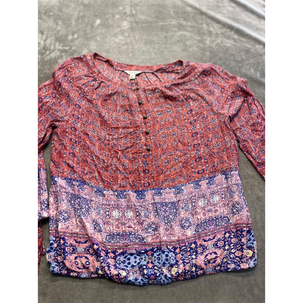 Lucky Brand Womens Mixed‎ Paisley Floral Print Peasant Blouse Red Blue Medium